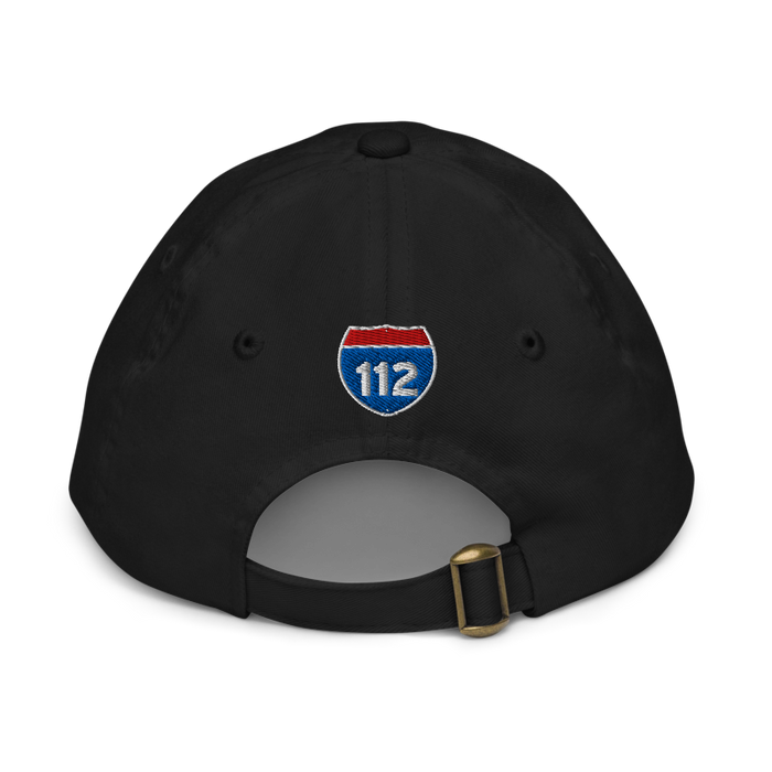 Back angle of the Midwest Adaptive Sports I Love Somebody at MAS Black Youth Dad Hat against a white background