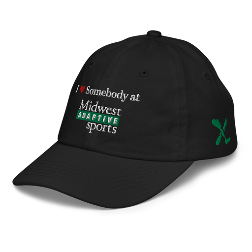 Front left angle of the Midwest Adaptive Sports I Love Somebody at MAS Black Youth Dad Hat against a white background