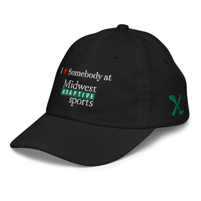 Front left angle of the Midwest Adaptive Sports I Love Somebody at MAS Black Youth Dad Hat against a white background