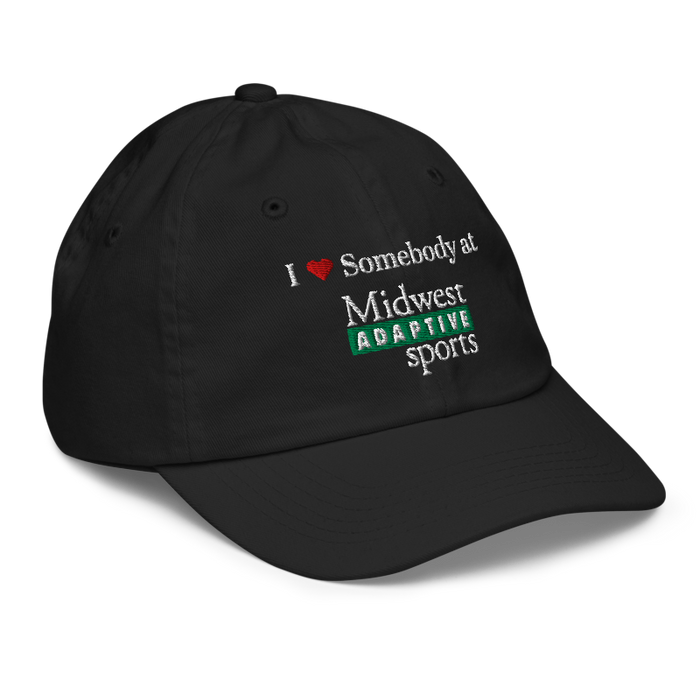 Front right angle of the Midwest Adaptive Sports I Love Somebody at MAS Black Youth Dad Hat against a white background