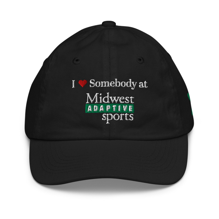 Front angle of the Midwest Adaptive Sports I Love Somebody at MAS Black Youth Dad Hat against a white background