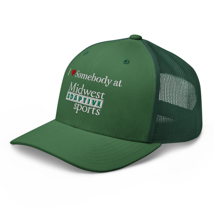 Front left angle of the Midwest Adaptive Sports I Love Somebody at MAS Evergreen Curved Bill Trucker Snapback against a white background