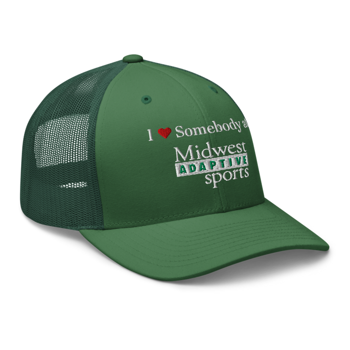 Front right angle of the Midwest Adaptive Sports I Love Somebody at MAS Evergreen Curved Bill Trucker Snapback against a white background