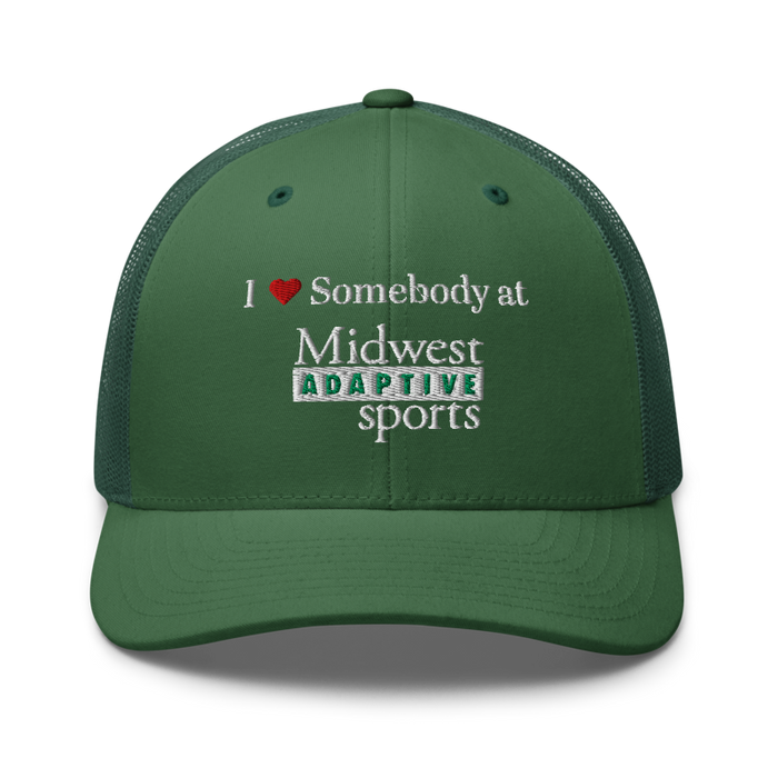 Front angle of the Midwest Adaptive Sports I Love Somebody at MAS Evergreen Curved Bill Trucker Snapback against a white background