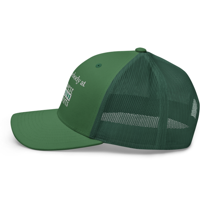 Left angle of the Midwest Adaptive Sports I Love Somebody at MAS Evergreen Curved Bill Trucker Snapback against a white background