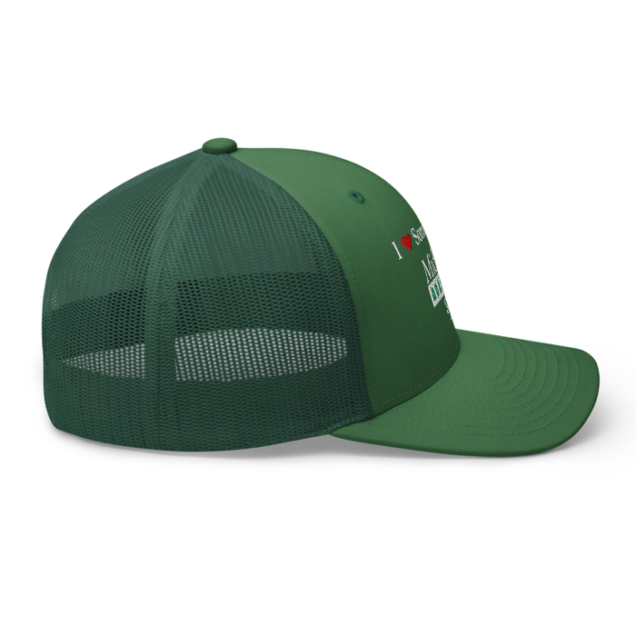 Right angle of the Midwest Adaptive Sports I Love Somebody at MAS Evergreen Curved Bill Trucker Snapback against a white background