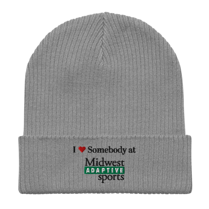 Front angle of the Midwest Adaptive Sports I Love Somebody at MAS Light Grey Organic Beanie laid flat against a white background