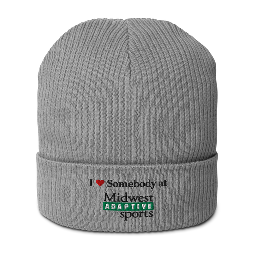 Front angle of the Midwest Adaptive Sports I Love Somebody at MAS Light Grey Organic Beanie against a white background