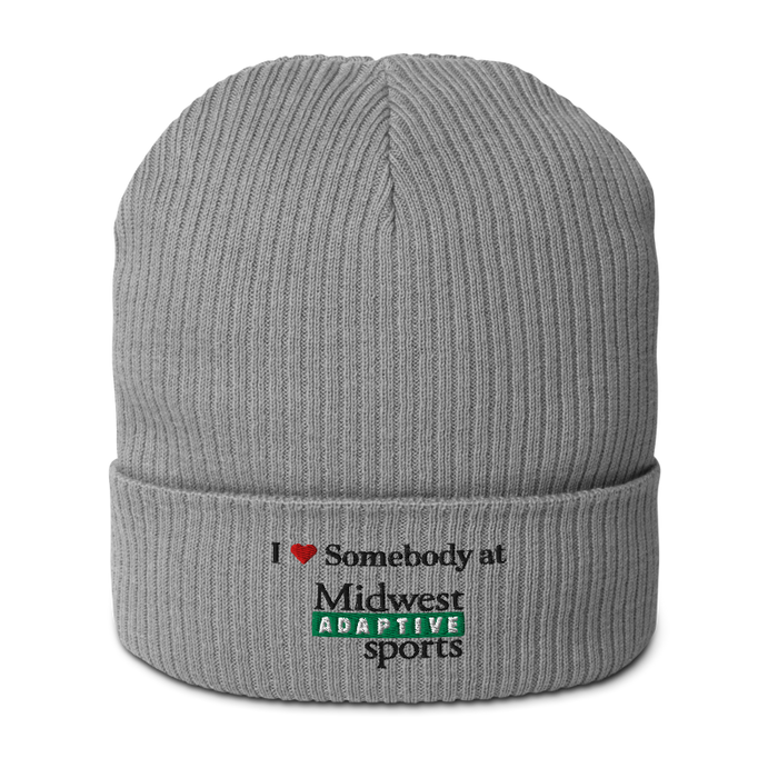 Front angle of the Midwest Adaptive Sports I Love Somebody at MAS Light Grey Organic Beanie against a white background
