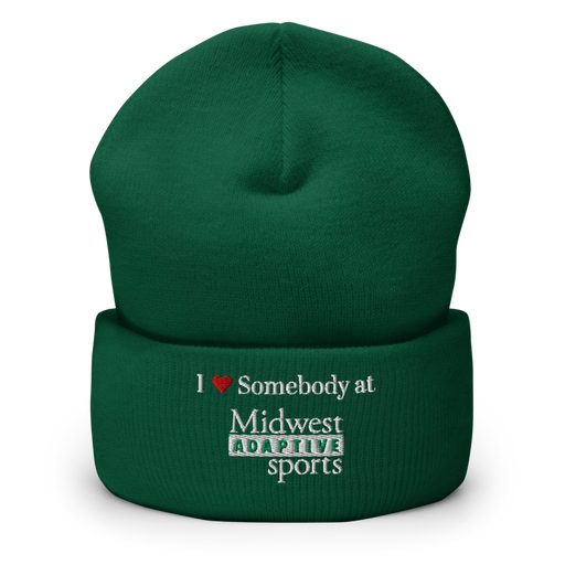 Front angle of the Midwest Adaptive Sports I Love Somebody at MAS Spruce Beanie against a white background