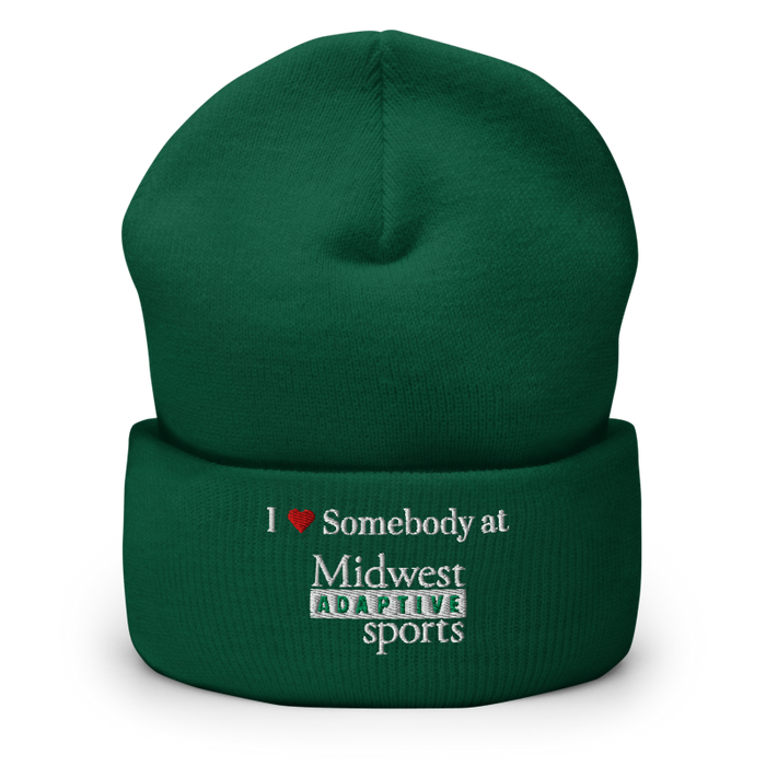 Front angle of the Midwest Adaptive Sports I Love Somebody at MAS Spruce Beanie against a white background