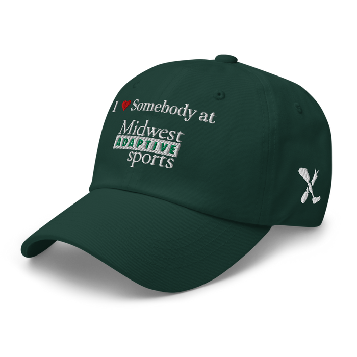 Front left angle of the Midwest Adaptive Sports I Love Somebody at MAS Spruce Dad Hat against a white background