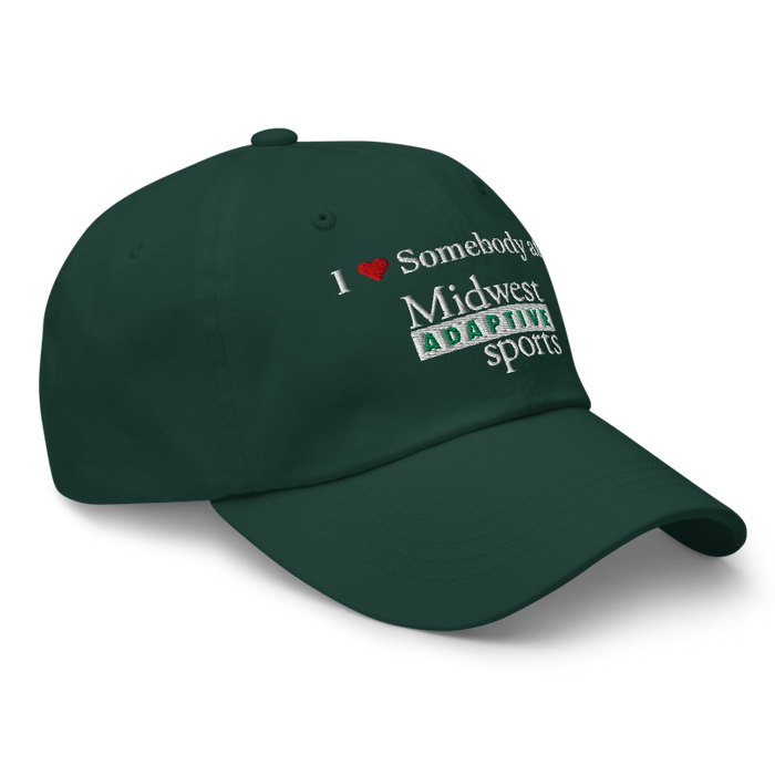 Front right angle of the Midwest Adaptive Sports I Love Somebody at MAS Spruce Dad Hat against a white background