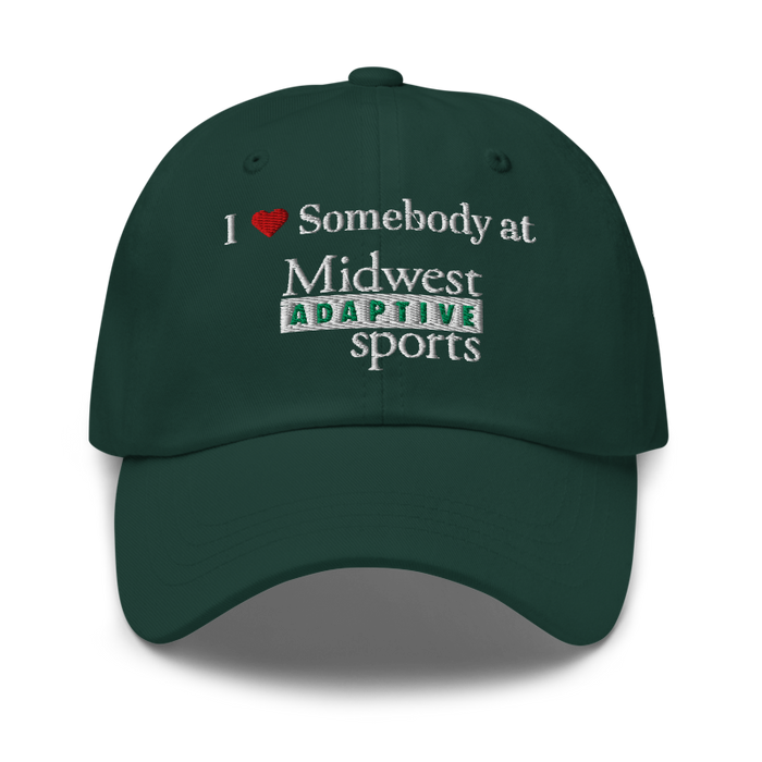 Front angle of the Midwest Adaptive Sports I Love Somebody at MAS Spruce Dad Hat against a white background