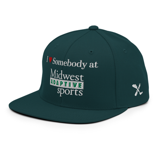 Front left angle of the Midwest Adaptive Sports I Love Somebody at MAS Spruce Flat Bill Snapback against a white background