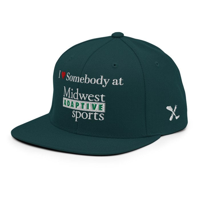 Front left angle of the Midwest Adaptive Sports I Love Somebody at MAS Spruce Flat Bill Snapback against a white background