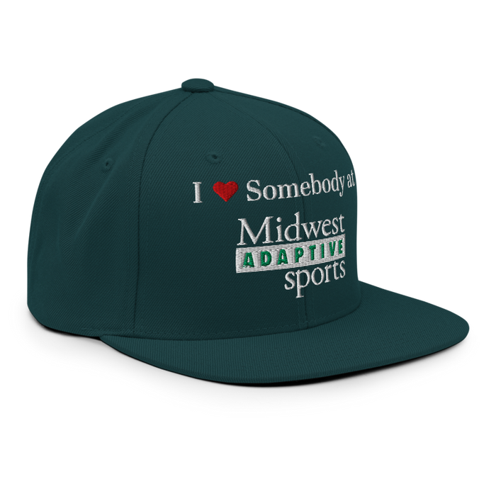 Front right angle of the Midwest Adaptive Sports I Love Somebody at MAS Spruce Flat Bill Snapback against a white background