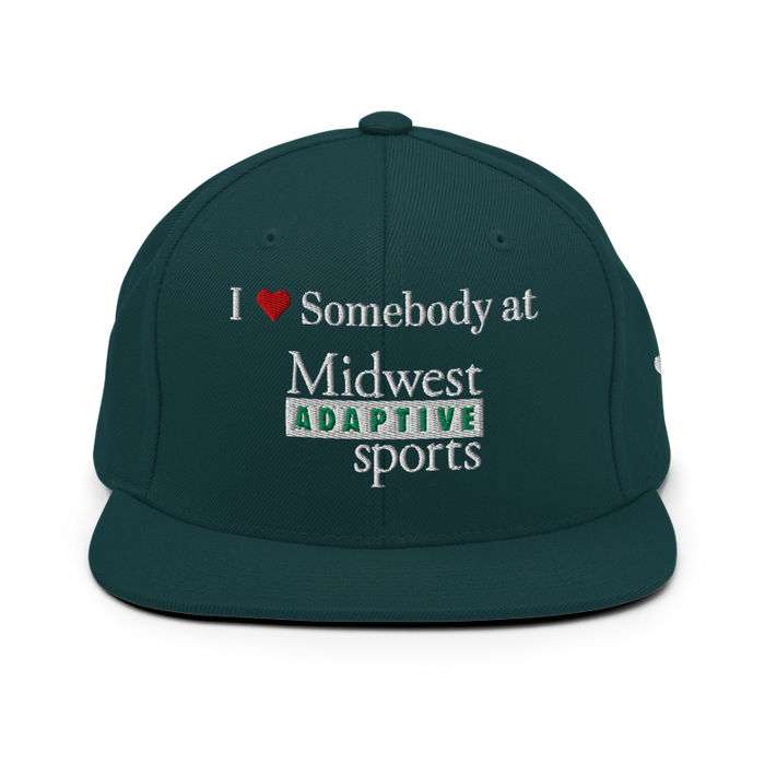Front angle of the Midwest Adaptive Sports I Love Somebody at MAS Spruce Flat Bill Snapback against a white background
