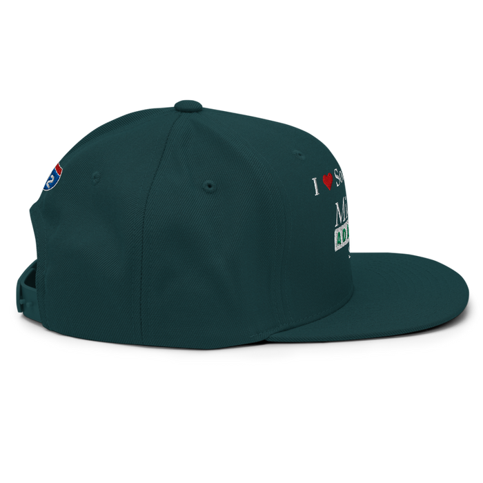 Right angle of the Midwest Adaptive Sports I Love Somebody at MAS Spruce Flat Bill Snapback against a white background