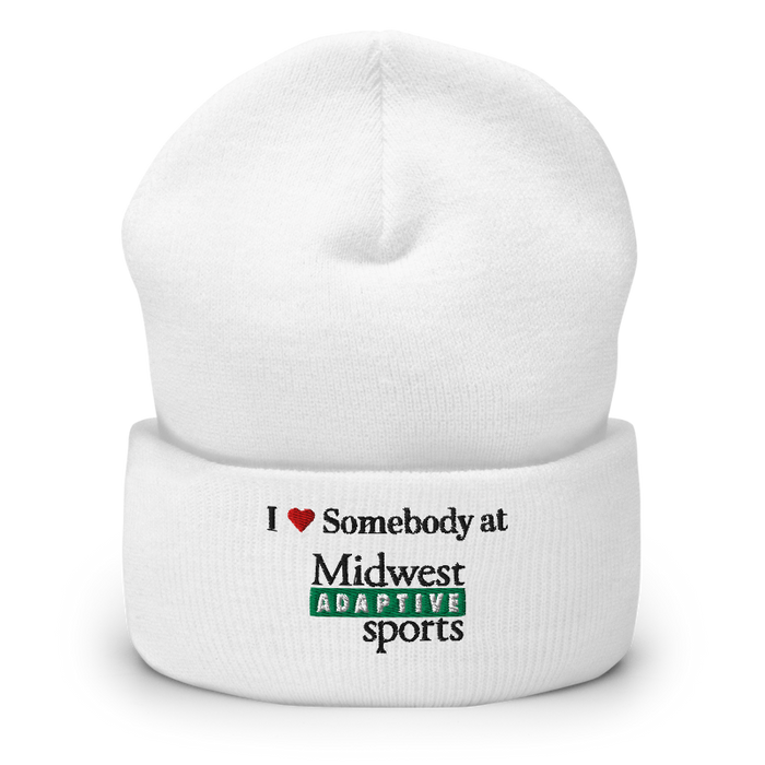 Front angle of the Midwest Adaptive Sports I Love Somebody at MAS White Beanie against a white background