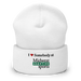 Front angle of the Midwest Adaptive Sports I Love Somebody at MAS White Beanie against a white background