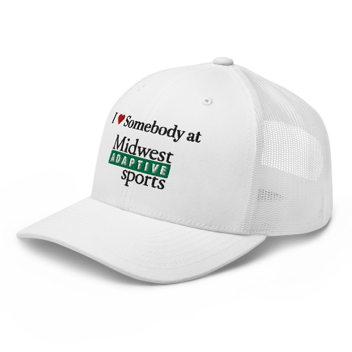 Front left angle of the Midwest Adaptive Sports I Love Somebody at MAS White Curved Bill Trucker Snapback against a white background