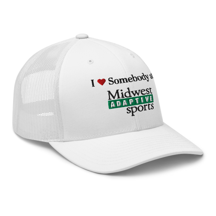 Front right angle of the Midwest Adaptive Sports I Love Somebody at MAS White Curved Bill Trucker Snapback against a white background