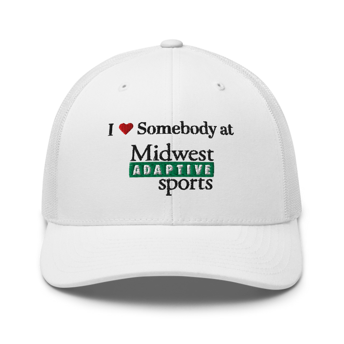 Front angle of the Midwest Adaptive Sports I Love Somebody at MAS White Curved Bill Trucker Snapback against a white background