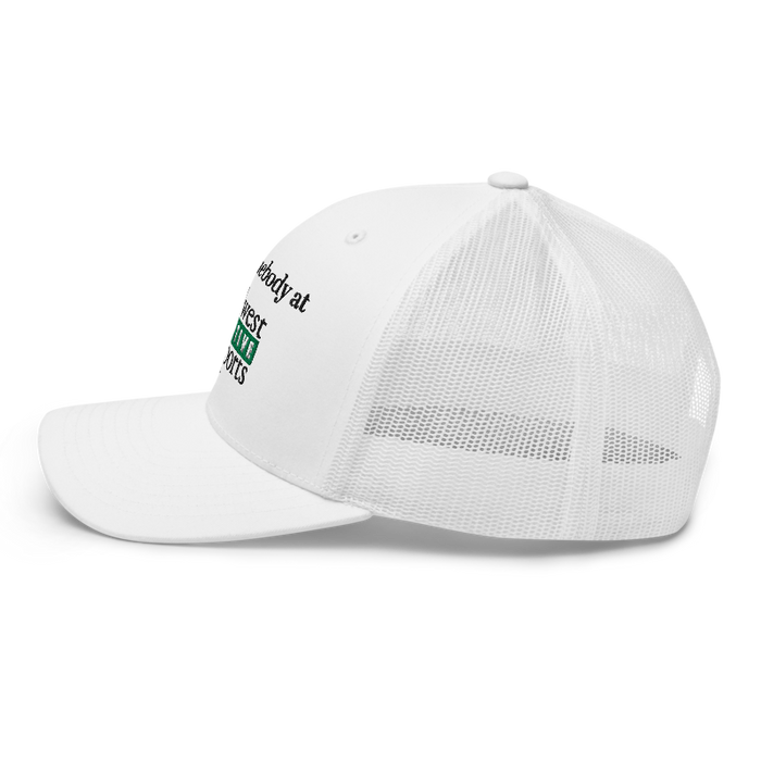 Left angle of the Midwest Adaptive Sports I Love Somebody at MAS White Curved Bill Trucker Snapback against a white background