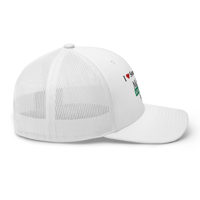 Right angle of the Midwest Adaptive Sports I Love Somebody at MAS White Curved Bill Trucker Snapback against a white background