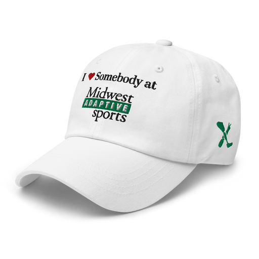 Front left angle of the Midwest Adaptive Sports I Love Somebody at MAS White Dad Hat against a white background