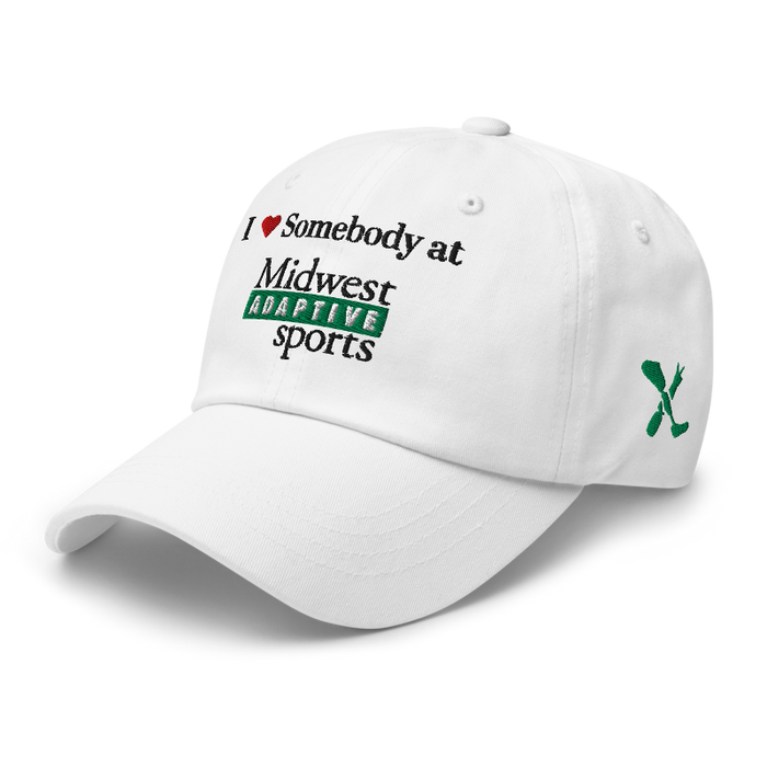 Front left angle of the Midwest Adaptive Sports I Love Somebody at MAS White Dad Hat against a white background