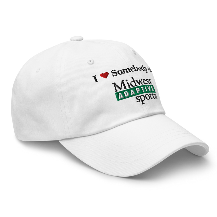 Front right angle of the Midwest Adaptive Sports I Love Somebody at MAS White Dad Hat against a white background