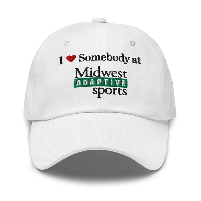 Front angle of the Midwest Adaptive Sports I Love Somebody at MAS White Dad Hat against a white background