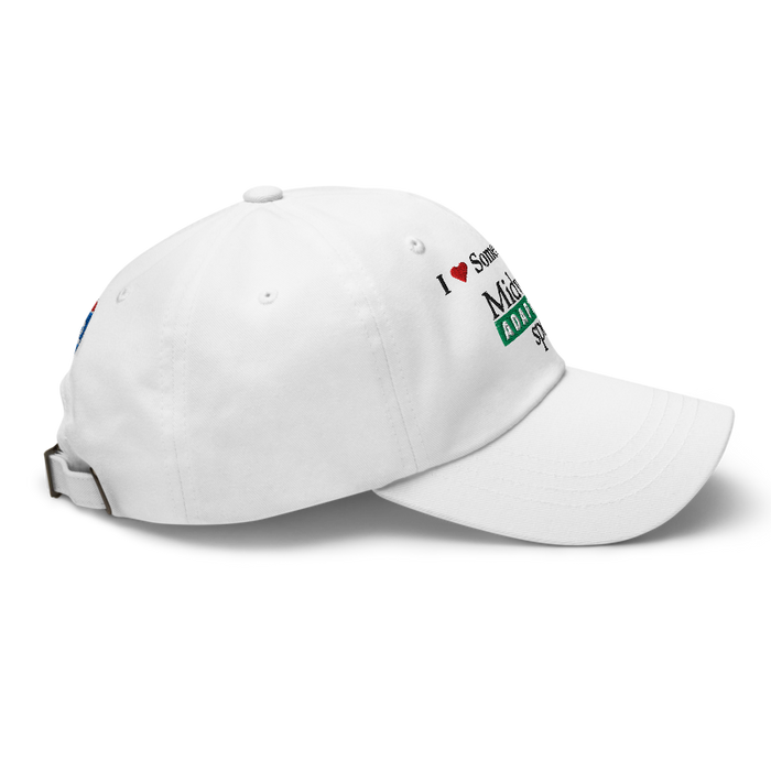 Right angle of the Midwest Adaptive Sports I Love Somebody at MAS White Dad Hat against a white background