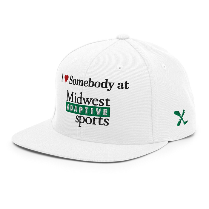 Front left angle of the Midwest Adaptive Sports I Love Somebody at MAS White Flat Bill Snapback against a white background