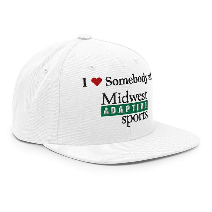 Front right angle of the Midwest Adaptive Sports I Love Somebody at MAS White Flat Bill Snapback against a white background