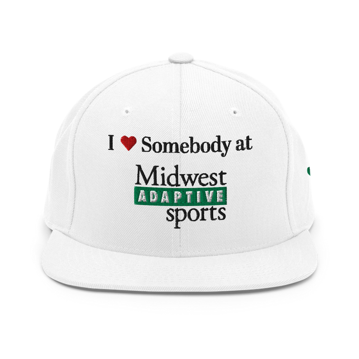Front angle of the Midwest Adaptive Sports I Love Somebody at MAS White Flat Bill Snapback against a white background