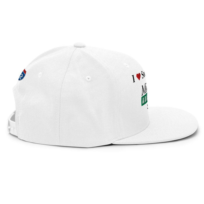 Right angle of the Midwest Adaptive Sports I Love Somebody at MAS White Flat Bill Snapback against a white background