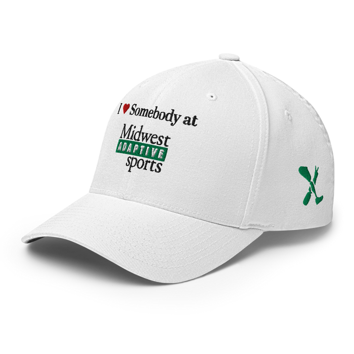 Front left angle of the Midwest Adaptive Sports I Love Somebody at MAS White Flexfit Curved Bill Fitted against a white background