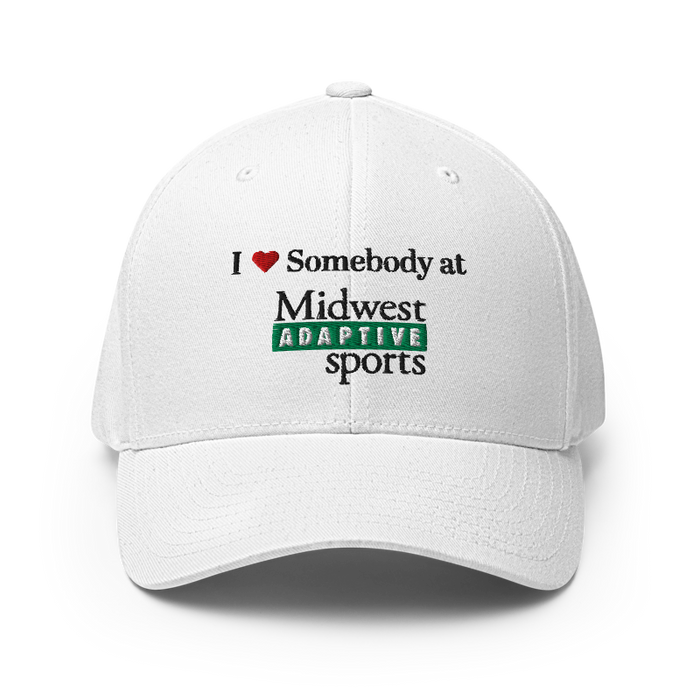 Front angle of the Midwest Adaptive Sports I Love Somebody at MAS White Flexfit Curved Bill Fitted against a white background