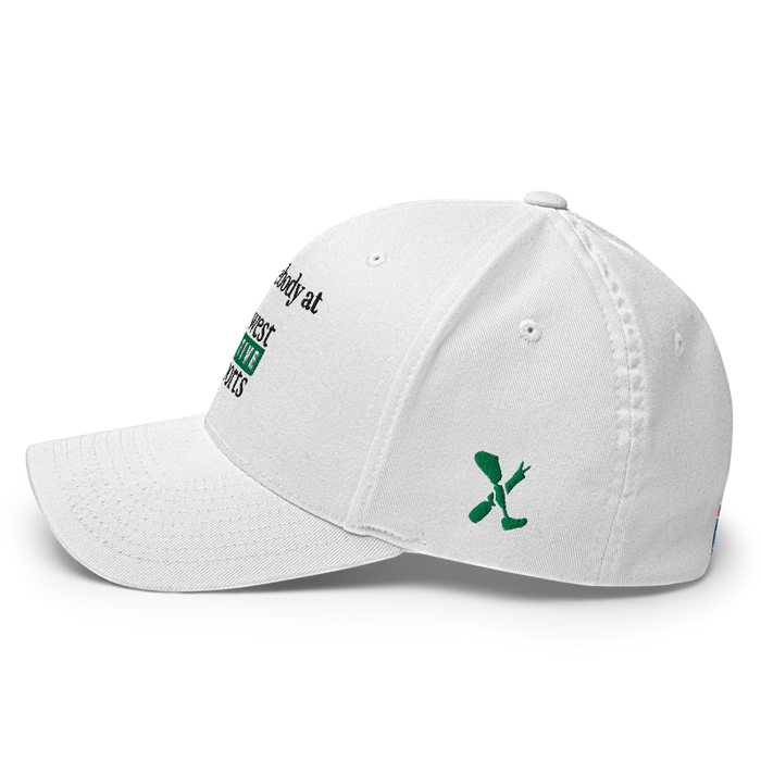 Left angle of the Midwest Adaptive Sports I Love Somebody at MAS White Flexfit Curved Bill Fitted against a white background