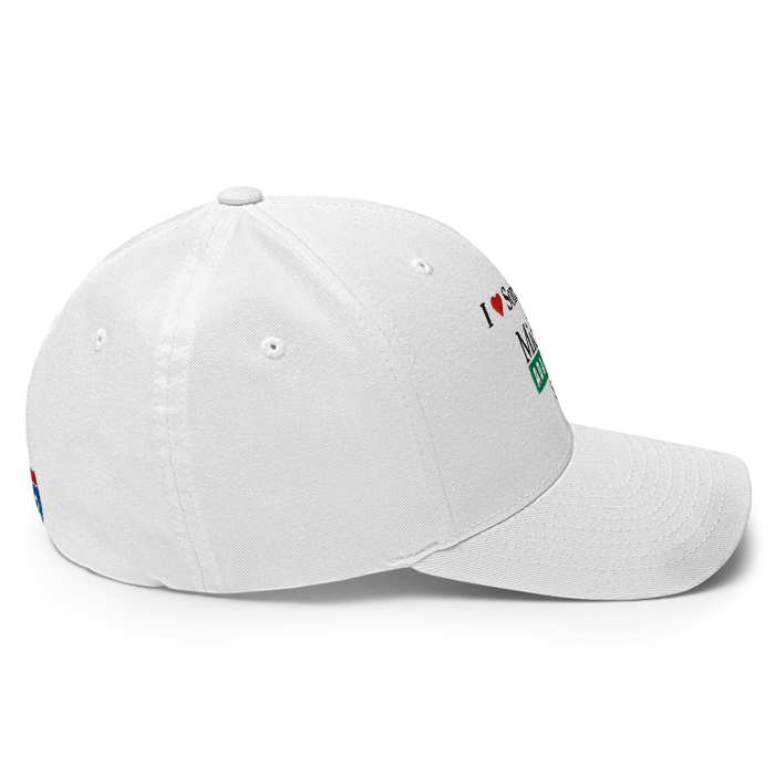 Right angle of the Midwest Adaptive Sports I Love Somebody at MAS White Flexfit Curved Bill Fitted against a white background