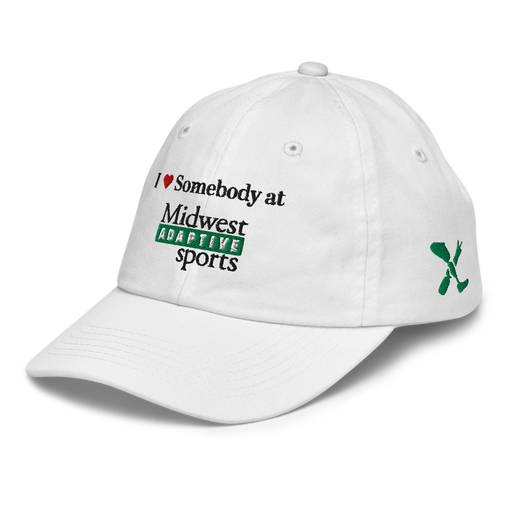 Front left angle of the Midwest Adaptive Sports I Love Somebody at MAS White Youth Dad Hat against a white background