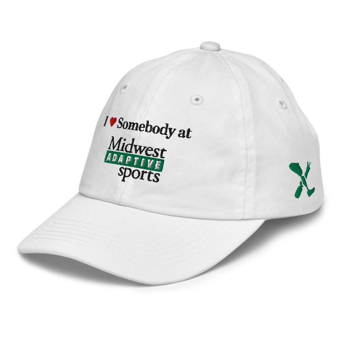 Front left angle of the Midwest Adaptive Sports I Love Somebody at MAS White Youth Dad Hat against a white background