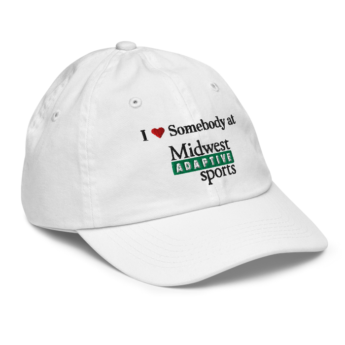 Front right angle of the Midwest Adaptive Sports I Love Somebody at MAS White Youth Dad Hat against a white background
