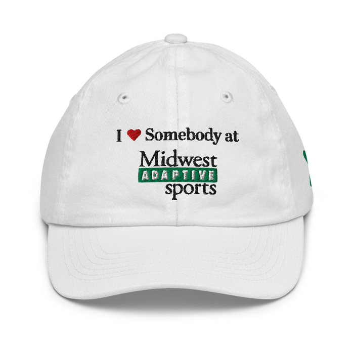 Front angle of the Midwest Adaptive Sports I Love Somebody at MAS White Youth Dad Hat against a white background