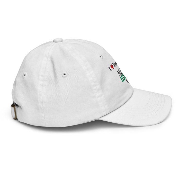 Right angle of the Midwest Adaptive Sports I Love Somebody at MAS White Youth Dad Hat against a white background