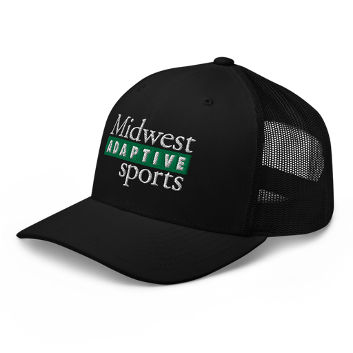 Front left angle of the Midwest Adaptive Sports Logo Black Curved Bill Trucker Snapback against a white background