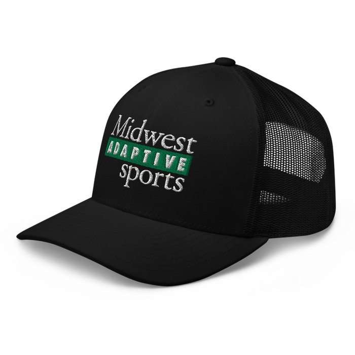 Front left angle of the Midwest Adaptive Sports Logo Black Curved Bill Trucker Snapback against a white background